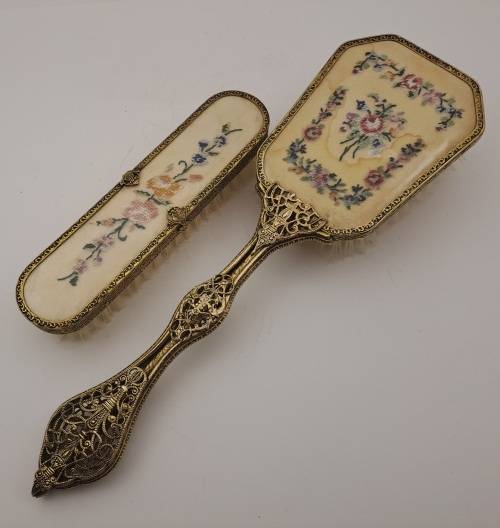 Pair of Vintage Embroidered Brass dressing Table brushes