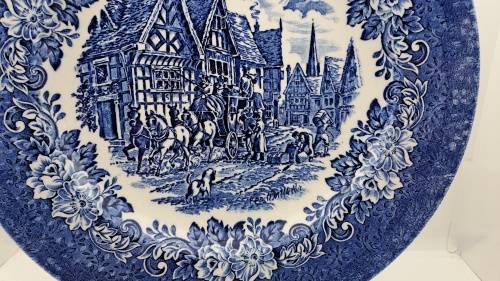 Large Vintage Blue & White Porcelain Plate Coaching Scene  28cm