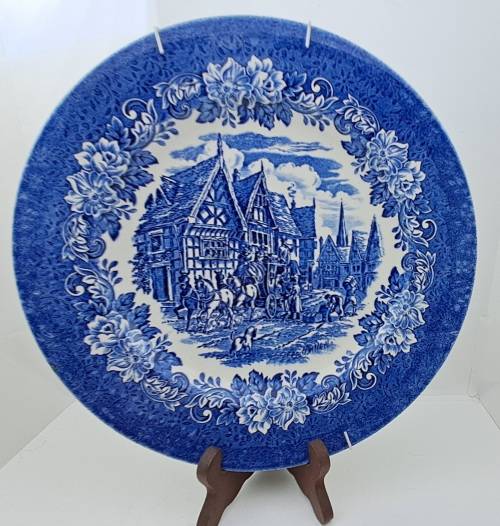 Large Vintage Blue & White Porcelain Plate Coaching Scene  28cm