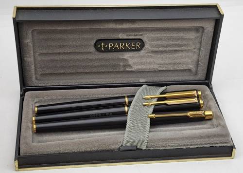 Pre-owned 3 Vintage Black and Gold Parkers Fountain Pen, 2 x Rollerballs Branded in Case