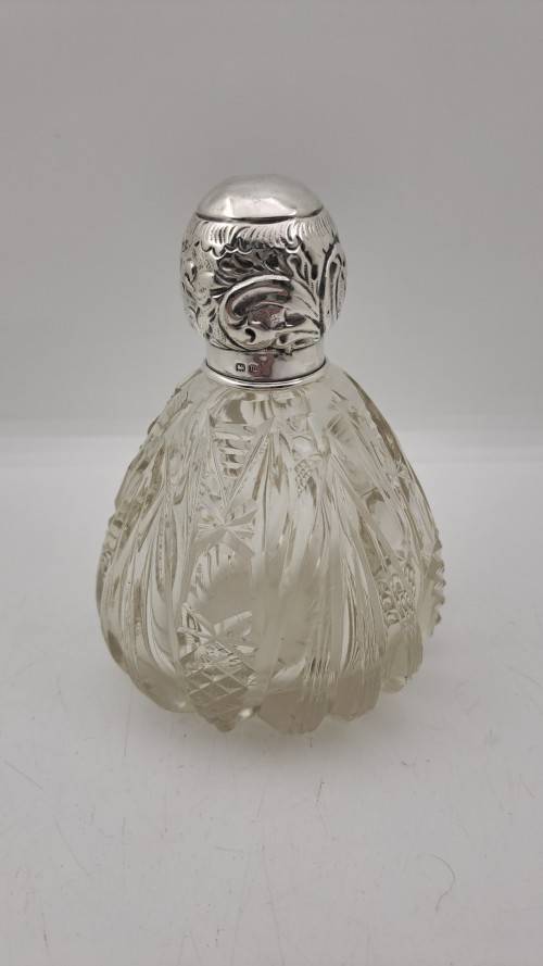 Antique Cut Glass & Sterling Silver Scent Bottle -115mmx75mm (Hall Marked) England