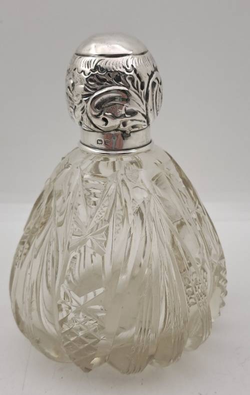 Antique Cut Glass & Sterling Silver Scent Bottle -115mmx75mm (Hall Marked) England