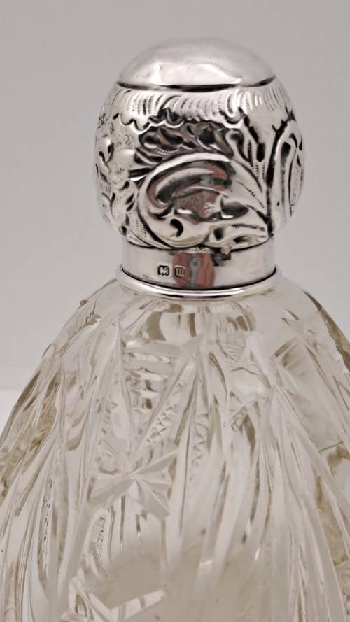 Antique Cut Glass & Sterling Silver Scent Bottle -115mmx75mm (Hall Marked) England