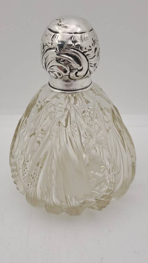 Antique Cut Glass & Sterling Silver Scent Bottle -115mmx75mm (Hall Marked) England