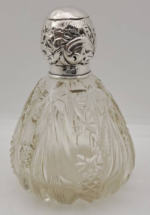 Antique Cut Glass & Sterling Silver Scent Bottle -115mmx75mm (Hall Marked) England
