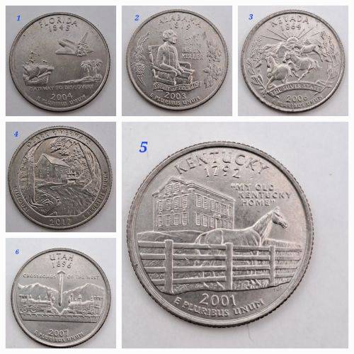6 x USA Washington ¼ Dollars-Florida-Alabama-Nevada-Missouri-Kentucky-Utah