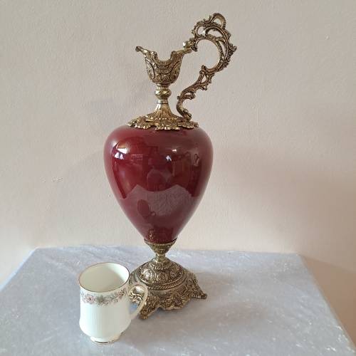 Beautiful Large Antique Brass and Glass Mantle Ewer -41cm Tall