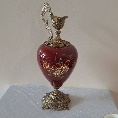 Beautiful Large Antique Brass and Glass Mantle Ewer -41cm Tall