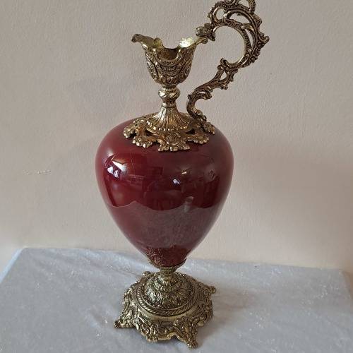 Beautiful Large Antique Brass and Glass Mantle Ewer -41cm Tall