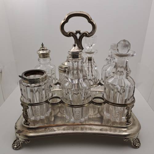 Antique Cruet Set with Hallmarked Sterling Silver Lids -see condition
