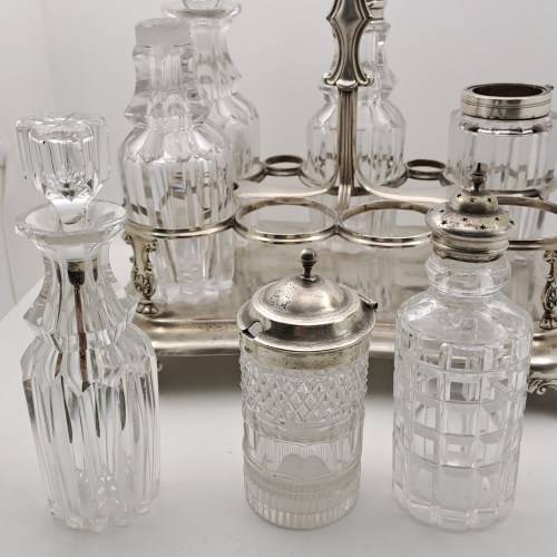 Antique Cruet Set with Hallmarked Sterling Silver Lids -see condition