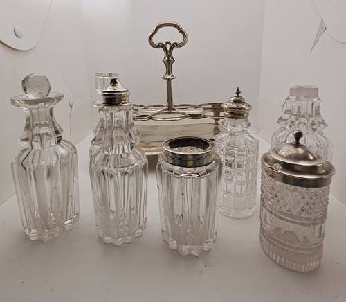 Antique Cruet Set with Hallmarked Sterling Silver Lids -see condition