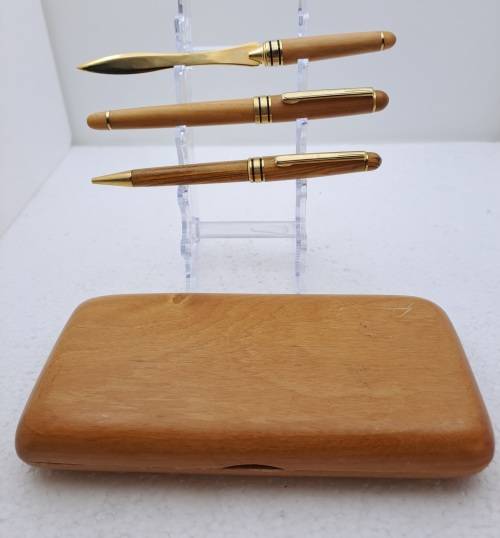 Wood Pen Set- Ballpoint Pen, Fountain Pen with Iridium Point Germany and letter opener in Case