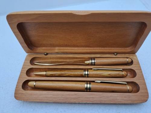 Wood Pen Set- Ballpoint Pen, Fountain Pen with Iridium Point Germany and letter opener in Case