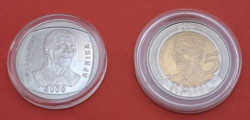 South Africa 2000 & 2008 90th Birthday Mandela R5 Coins -Encapsuled -Uncirculated