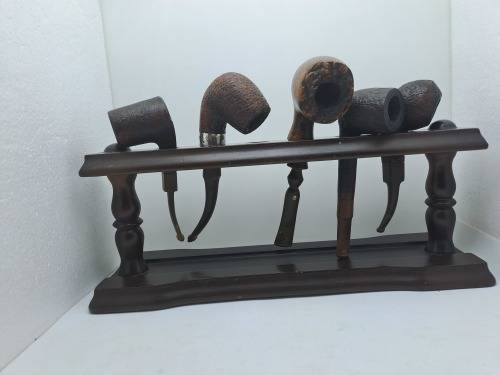 5 Used Vintage smoking Pipes with wooden stand-1 Antique Petersons System Pipe with sterling silver