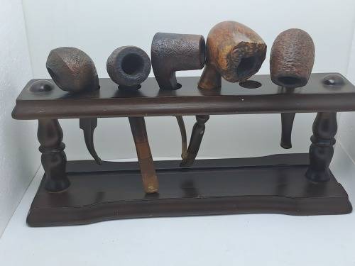 5 Used Vintage smoking Pipes with wooden stand-1 Antique Petersons System Pipe with sterling silver