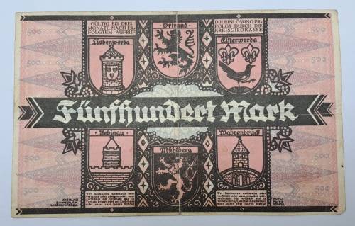1922 Germany 500 Mark  German notgeld  Liebenwerda/Stadt Note-Emergency Money