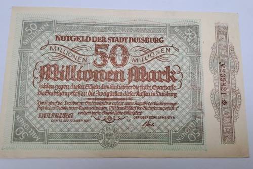 1923 Germany NOTGELD- 50 Million Mark -Stadt Duisburg -Emergency Money