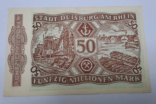 1923 Germany NOTGELD- 50 Million Mark -Stadt Duisburg -Emergency Money