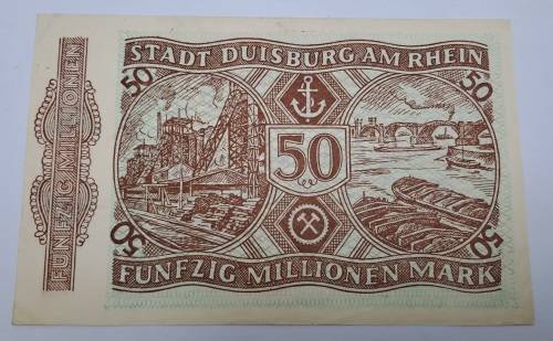 1923 Germany NOTGELD- 50 Million Mark -Stadt Duisburg -Emergency Money