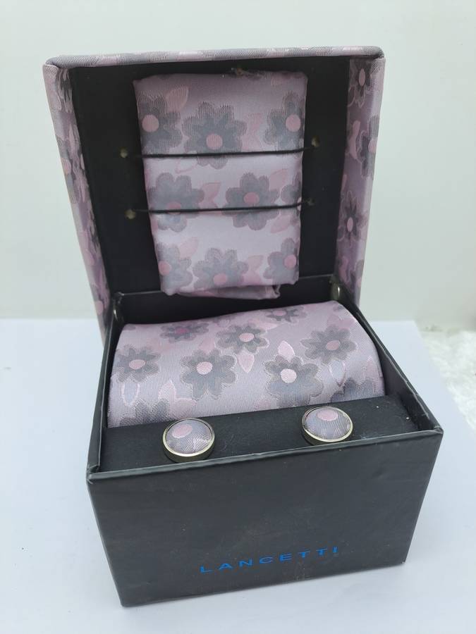 Unused - LANCETTI Italian Designer Tie, Design Hanky & Cufflinks Gift Set -Boxed