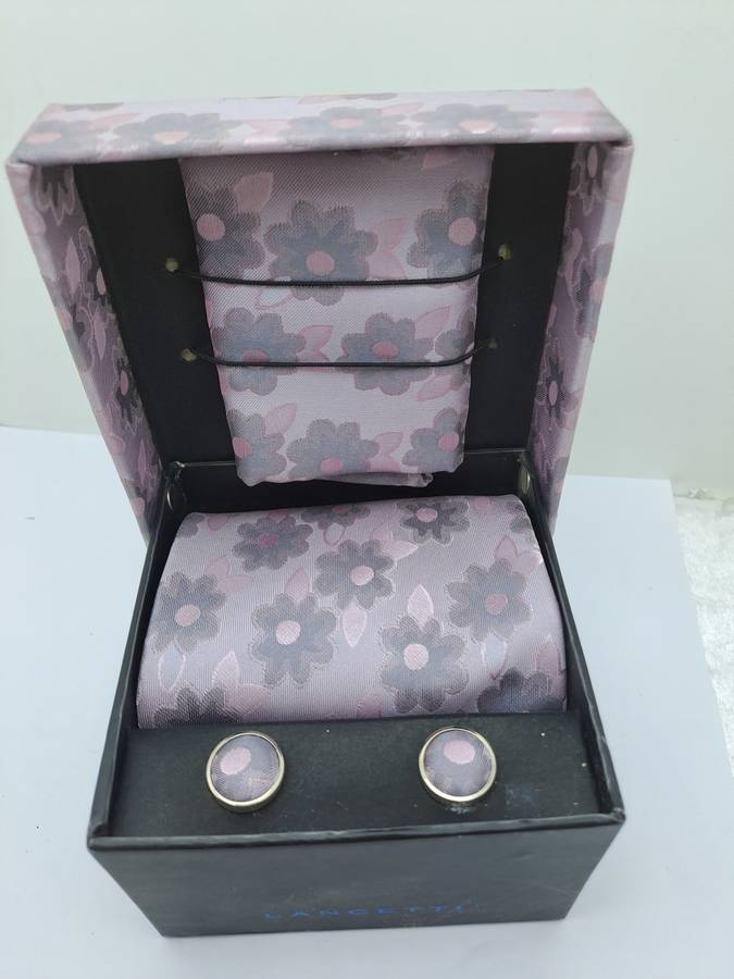 Unused - LANCETTI Italian Designer Tie, Design Hanky & Cufflinks Gift Set -Boxed
