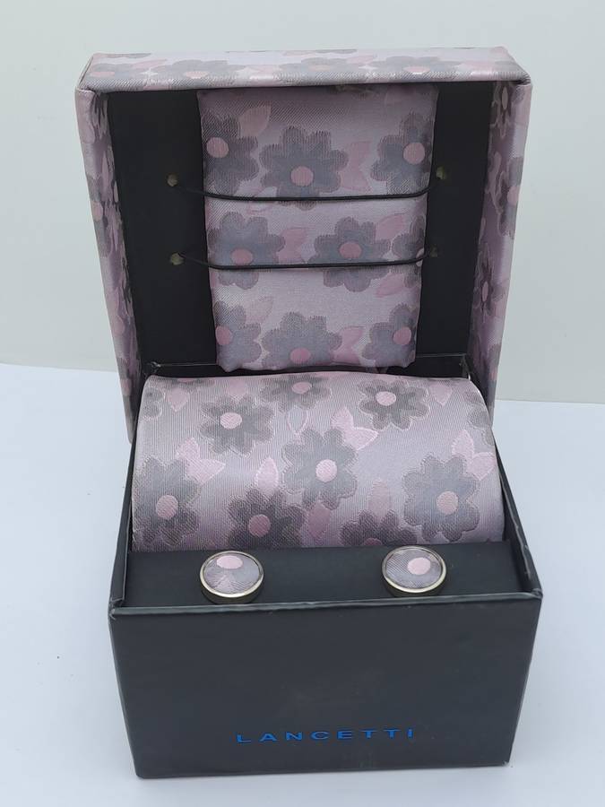 Unused - LANCETTI Italian Designer Tie, Design Hanky & Cufflinks Gift Set -Boxed