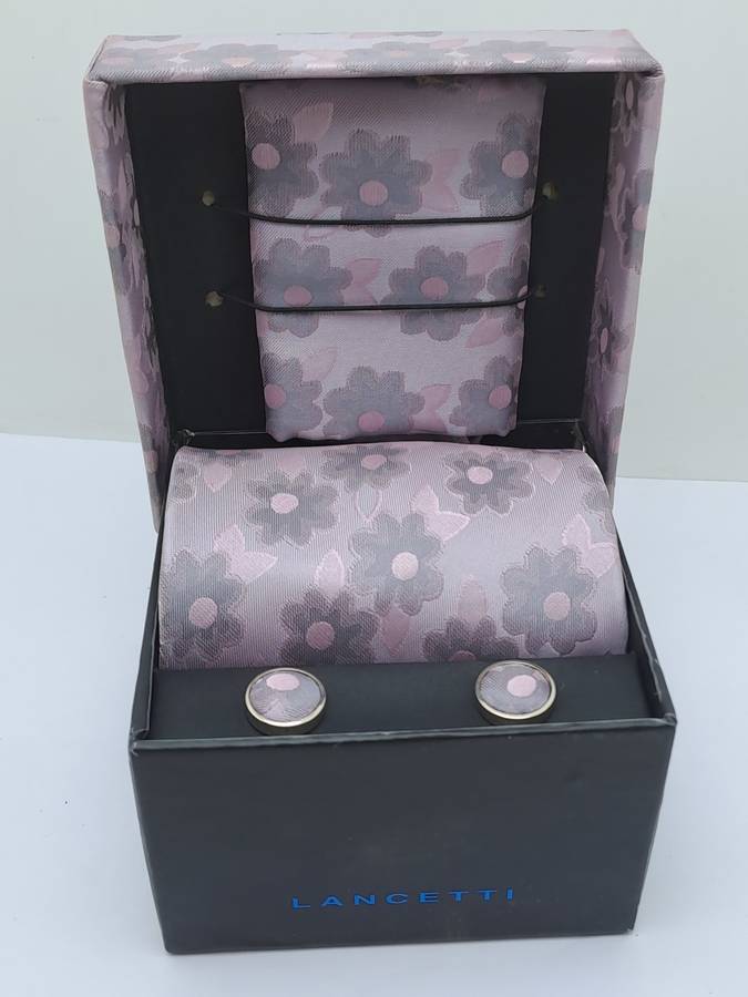Unused - LANCETTI Italian Designer Tie, Design Hanky & Cufflinks Gift Set -Boxed