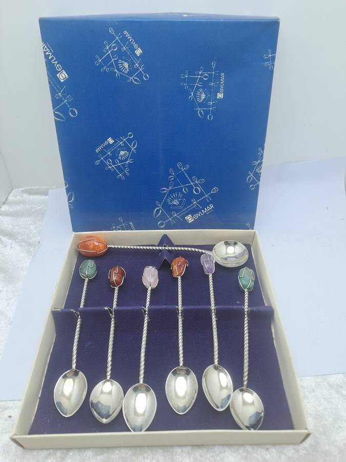 Set of 7 Vintage BARASCH SYLMAR Spoons.  Silver Plated Polished Gemstone Handle-Brazil