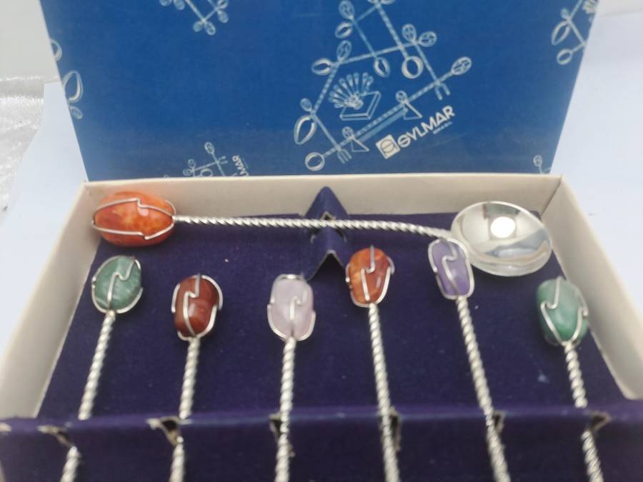 Set of 7 Vintage BARASCH SYLMAR Spoons.  Silver Plated Polished Gemstone Handle-Brazil