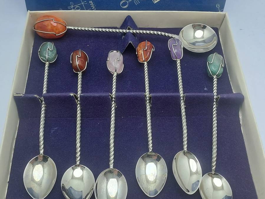Set of 7 Vintage BARASCH SYLMAR Spoons.  Silver Plated Polished Gemstone Handle-Brazil