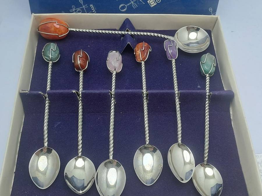 Set of 7 Vintage BARASCH SYLMAR Spoons.  Silver Plated Polished Gemstone Handle-Brazil