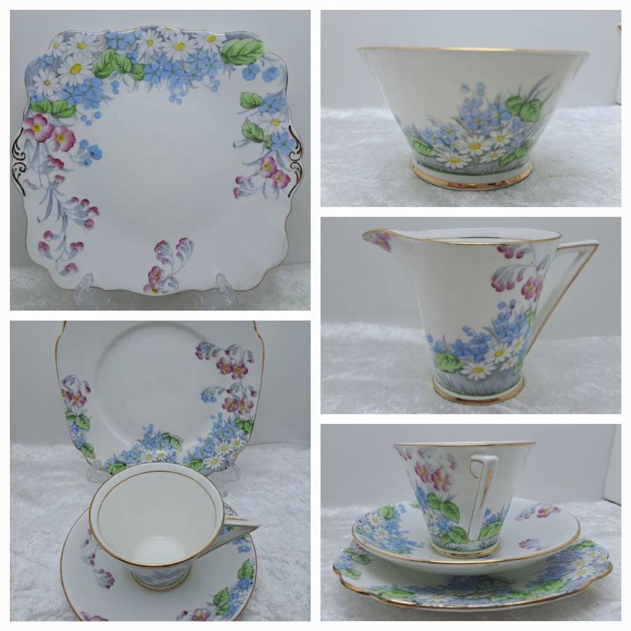 21pc Vintage Royal Standard Bone China `Wild Flower`  Art Deco Tea set (Creamer Chipped)