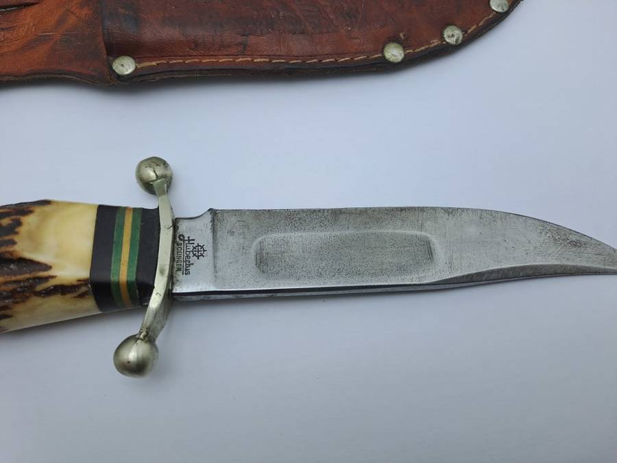 Vintage Hubertus Solingen Germany Hunting Knife Stag Horn Handle - with Leather Sheath 22,5cm