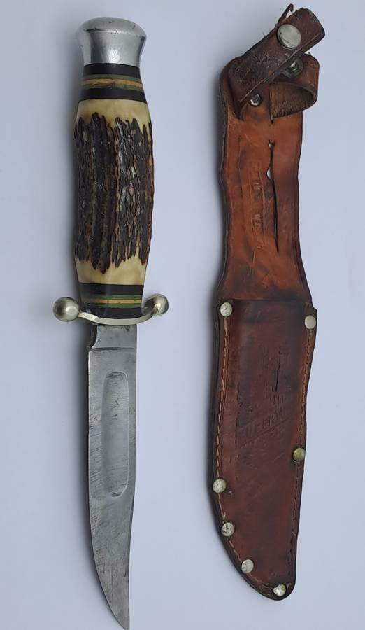 Vintage Hubertus Solingen Germany Hunting Knife Stag Horn Handle - with Leather Sheath 22,5cm