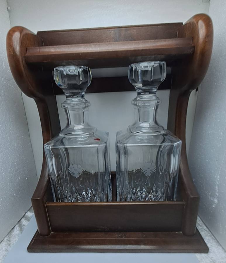 Vintage 2 decanter Tantalus with Oak Frame -with Key