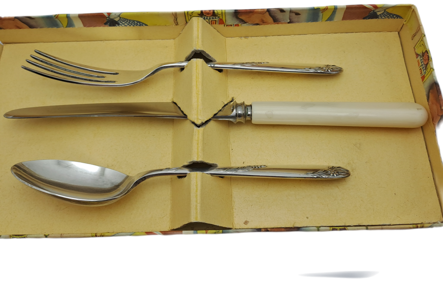 3pc Vintage Angora Silver Plate EPNS Childrens Cutlery set-Sheffield England.Boxed