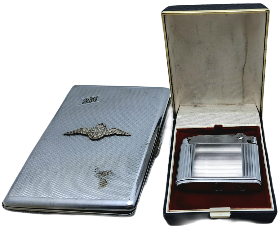 Vintage Cigarette Case with WW2 SAAF Badge and a Ronson Adonis Lighter