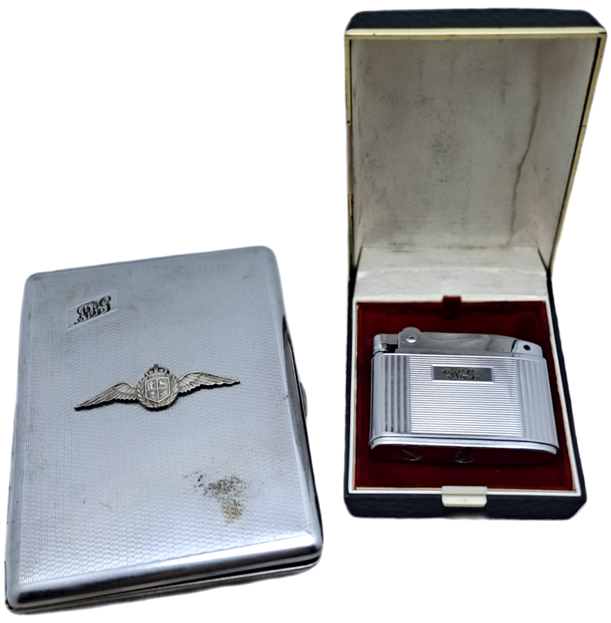 Vintage Cigarette Case with WW2 SAAF Badge and a Ronson Adonis Lighter