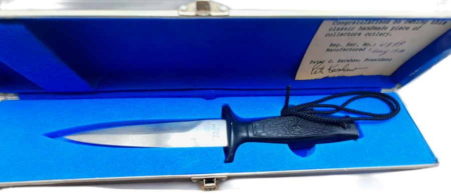 Vintage Metal Kershaw Knife Case with an Unknown Combat Knife