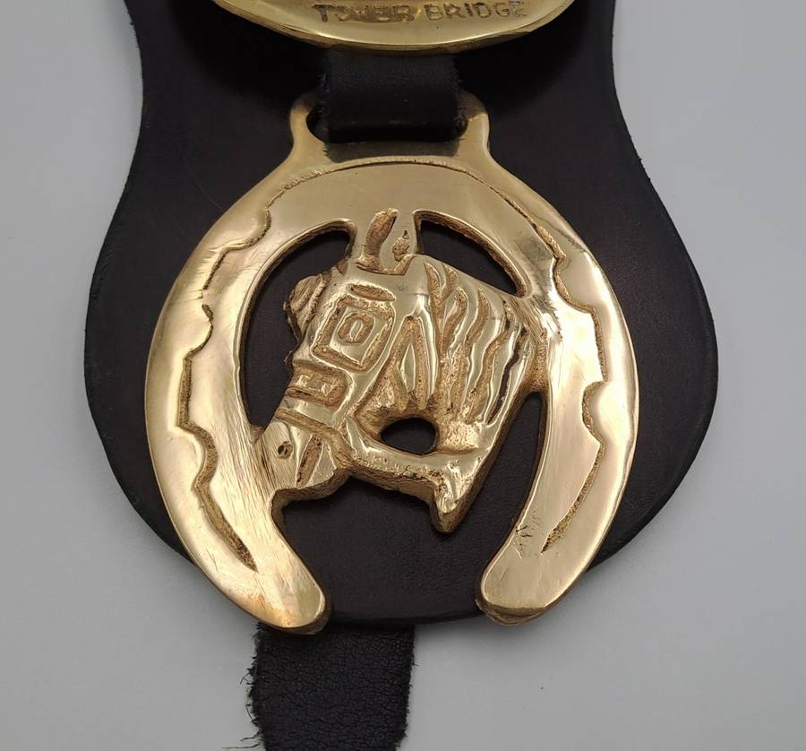 4 Horse Brasses on leather Strap - Tower Bridge ,Bath Abbey,