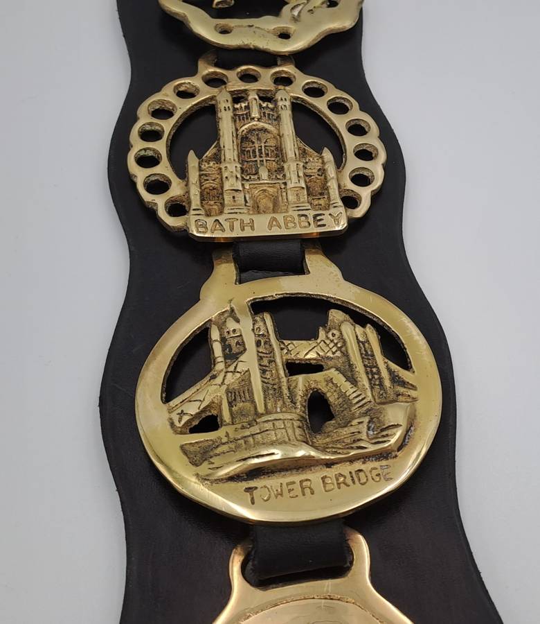 4 Horse Brasses on leather Strap - Tower Bridge ,Bath Abbey,