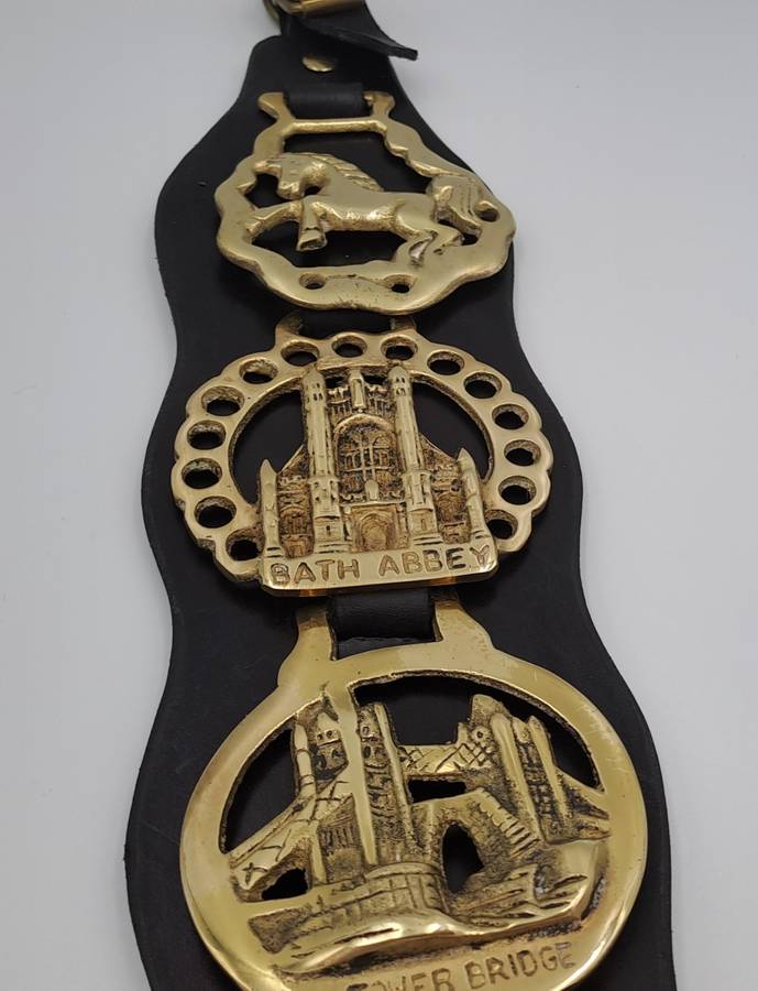 4 Horse Brasses on leather Strap - Tower Bridge ,Bath Abbey,