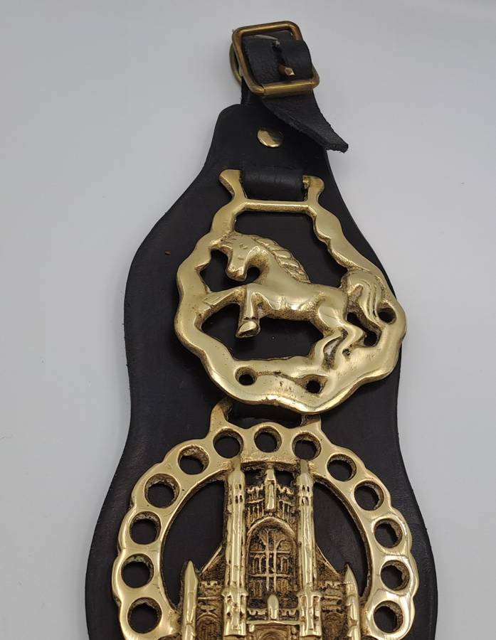 4 Horse Brasses on leather Strap - Tower Bridge ,Bath Abbey,