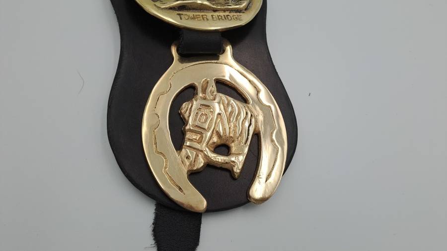 4 Horse Brasses on leather Strap - Tower Bridge ,Bath Abbey,