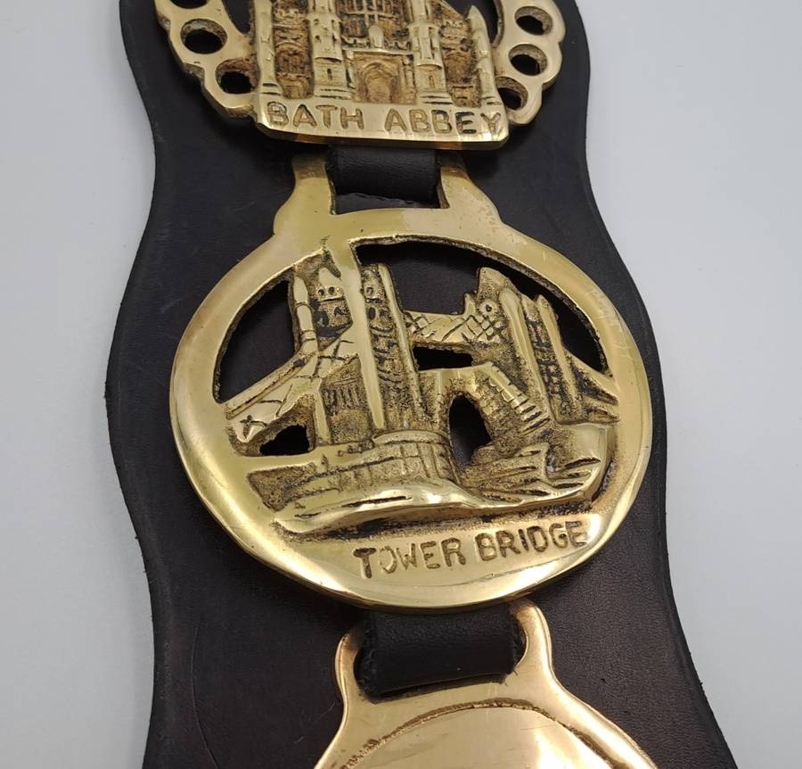 4 Horse Brasses on leather Strap - Tower Bridge ,Bath Abbey,