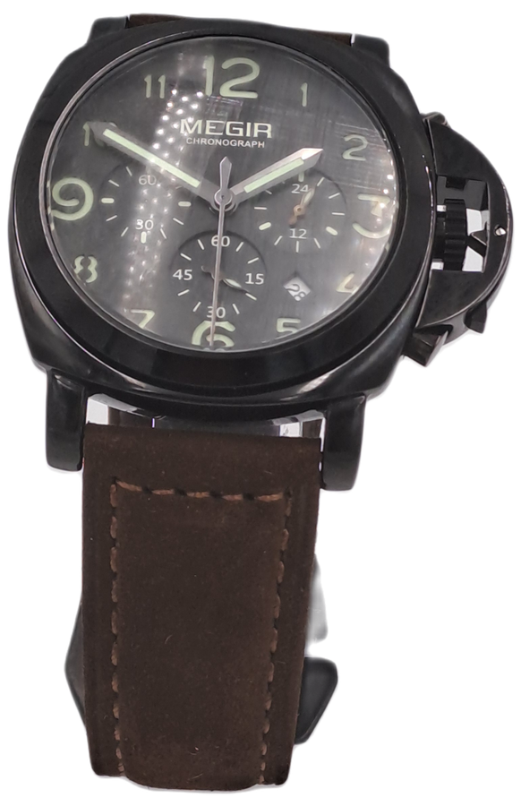 Megir Mens Quartz watch with Leather strap -Large Face-Working