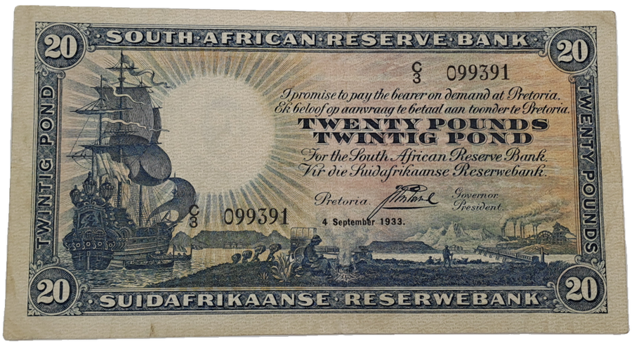 RARE!! J. Postmus 1933 South Africa 20 Pound -Twintig Pond Bank note Circulated
