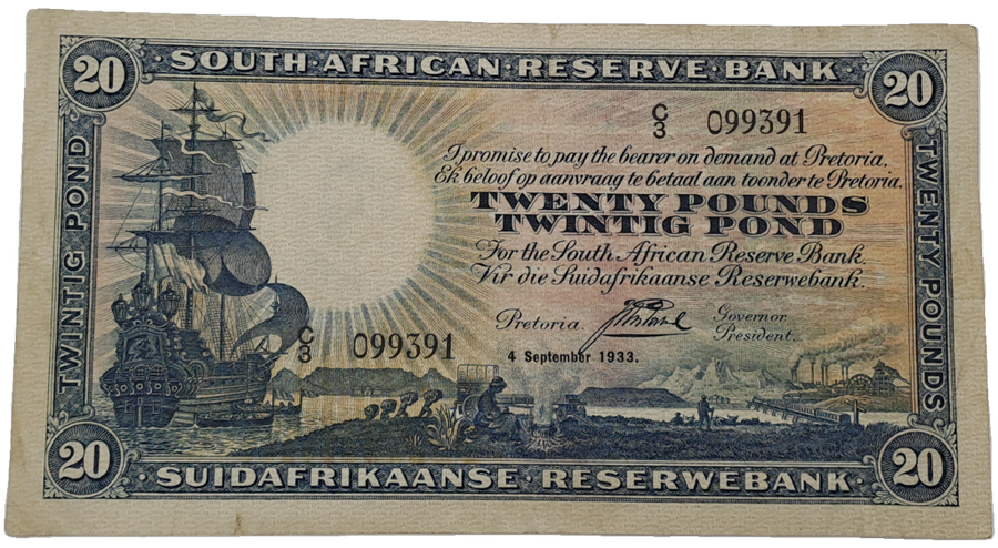 RARE!! J. Postmus 1933 South Africa 20 Pound -Twintig Pond Bank note Circulated
